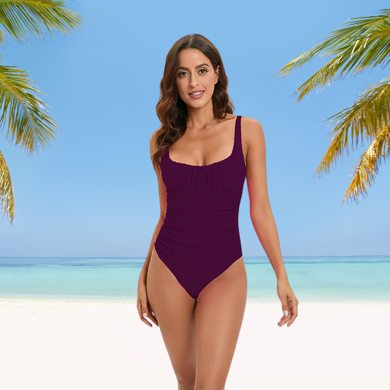 Ruched Square Neck One-Piece Swimsuit for Women – Shaping Support & Coverage