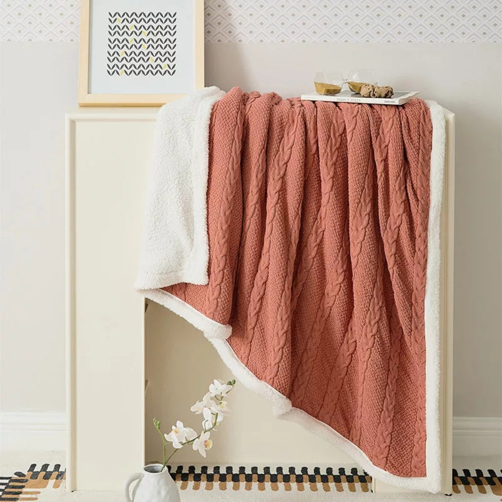 Minimalist Sherpa Throw Blanket With Cable Knit Texture