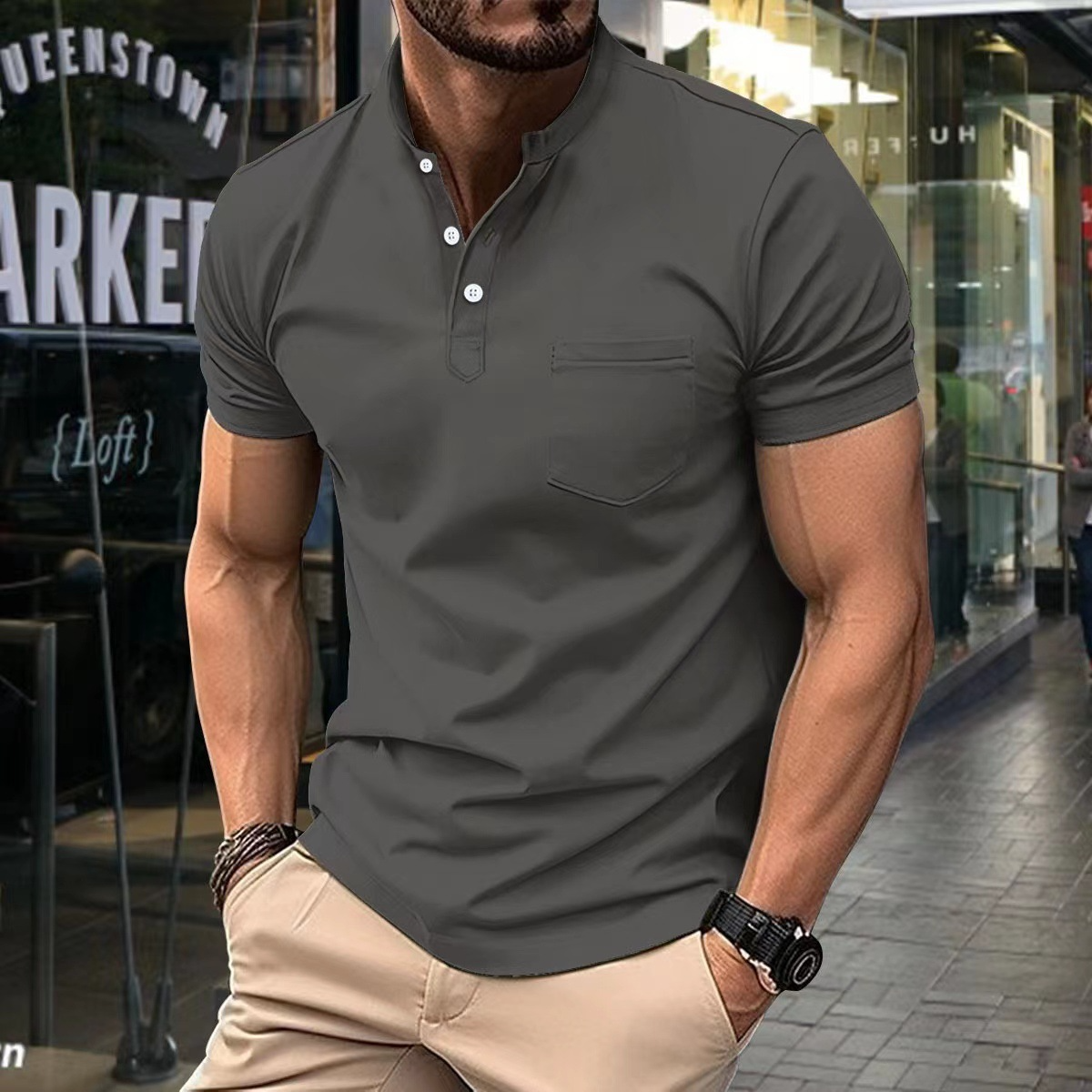 Men's polo – Slim fit – Soft knit – Semi-open collar – Short sleeves – Chest pocket