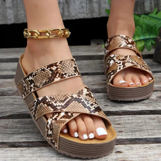 Women's sandals – Platform sole – Braided snakeskin-effect straps – Long-lasting comfort