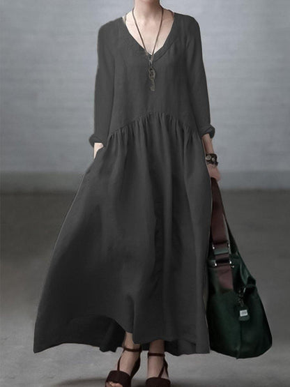 Women's long dress – Natural fibers – Loose fit – V-neck – Long sleeves