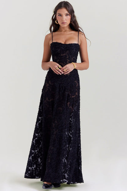 Robe longue femme – Coupe ajustée – Voile léger – Motif floral – Bretelles fines