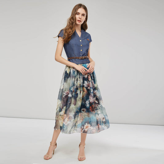 Long dress for women – Breathable fabric – Flowing cut – V-neck – Braided belt