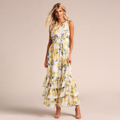 Women's long dress – Flared cut – Sleeveless – Ruffled hem – Breathable fabric