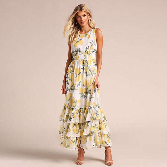 Women's long dress – Flared cut – Sleeveless – Ruffled hem – Breathable fabric