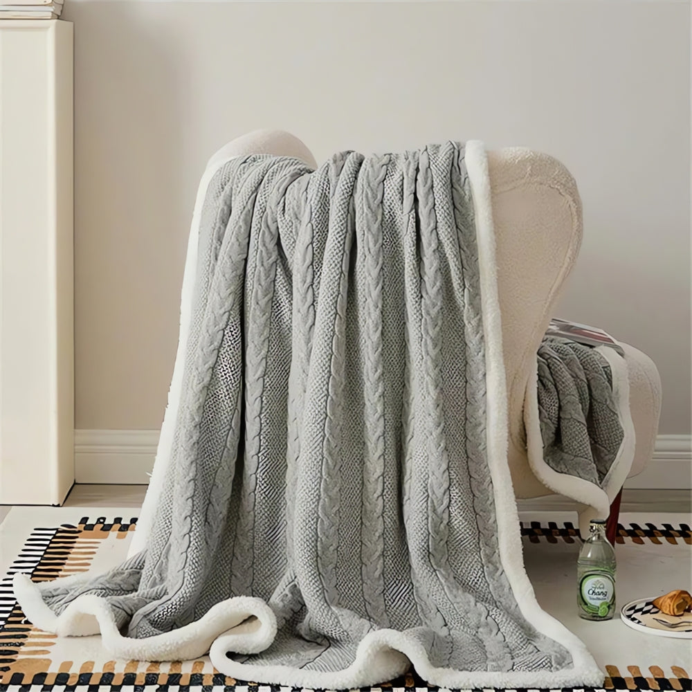 Minimalist Sherpa Throw Blanket With Cable Knit Texture