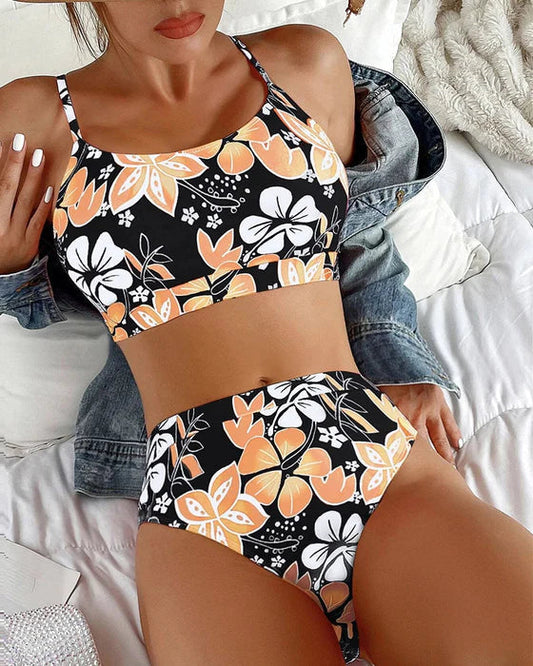 Women's two-piece swimsuit – High waist – Tank top – Floral print – Breathable fabric