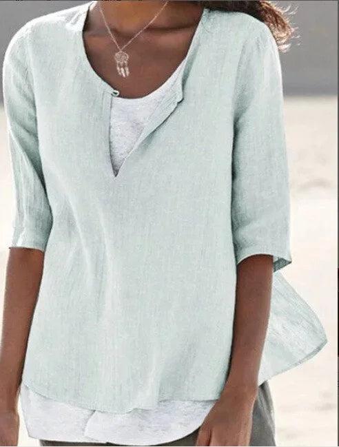 Women's Blouse – Loose Fit – Mid-Length Sleeves – Breathable Natural Fibers