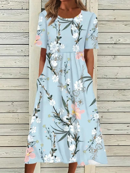 Women's Midi Dress – Loose Fit – Short Sleeves – Floral Pattern – Breathable Fabric