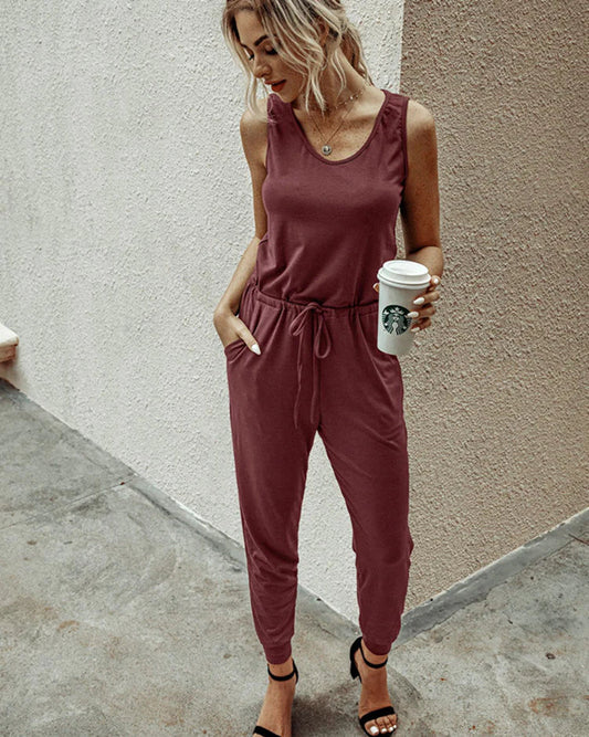 Women's jumpsuit – Relaxed fit – Sleeveless – Round neckline – Tapered leg