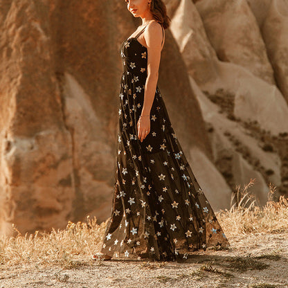 Women's evening dress – Fitted cut – Flowing voile – Star appliqués – Maxi length