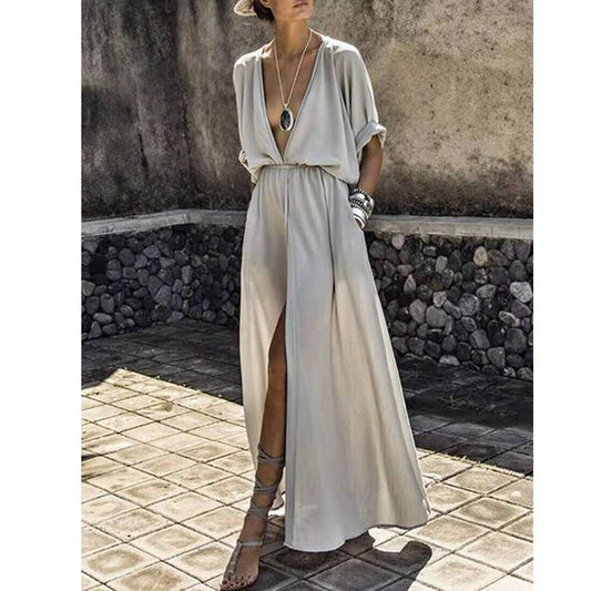 Women's long dress – Plunging neckline – Front slit – Flowing cut – Three-quarter sleeves