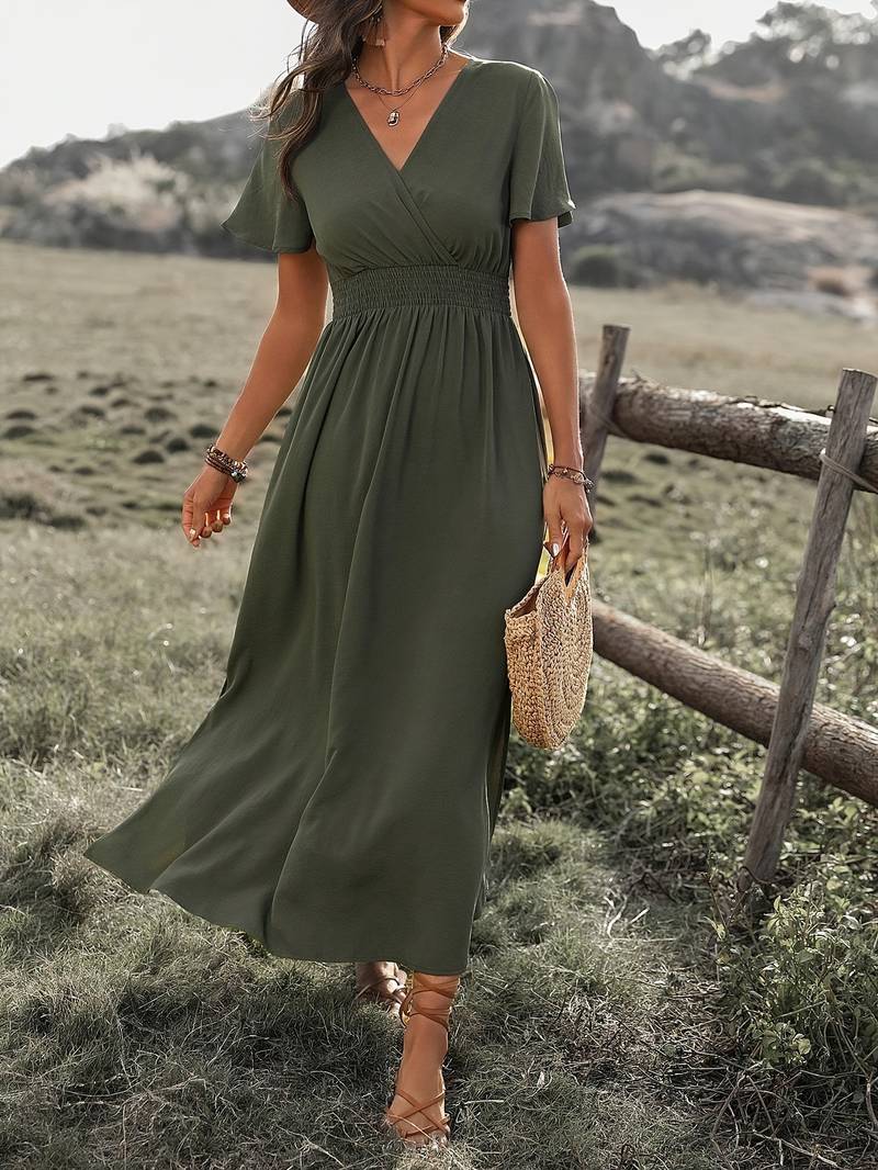 Women's midi dress – Flared fluid cut – Short sleeves – Wrap neckline