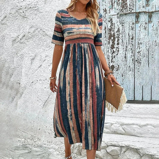 Women's midi dress – Relaxed fit – Empire waist – Stripes – Breathable fabric
