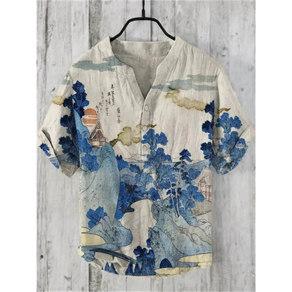 Men's casual shirt – Loose fit – Short sleeves – Breathable natural fiber – Artistic pattern