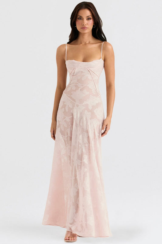 Robe longue femme – Coupe ajustée – Voile léger – Motif floral – Bretelles fines