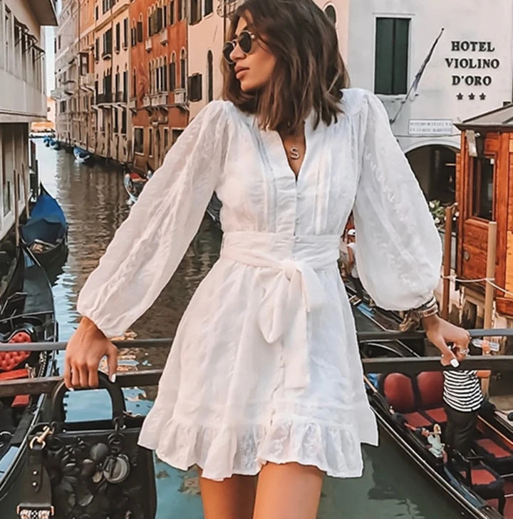 Women's mini dress – Breathable fabric – Long balloon sleeves – Self-tie belt – Ruffled hem