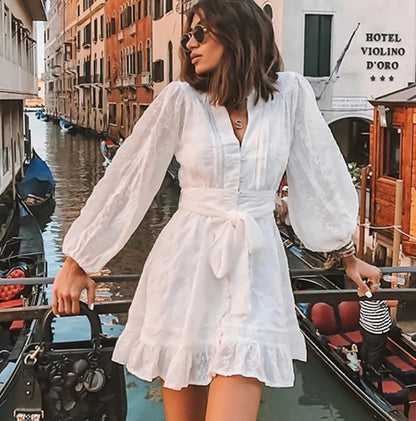 Women's mini dress – Breathable fabric – Long balloon sleeves – Self-tie belt – Ruffled hem