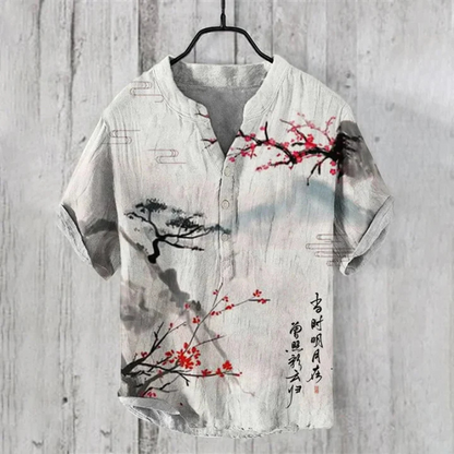 Men's casual shirt – Loose fit – Short sleeves – Breathable natural fiber – Artistic pattern