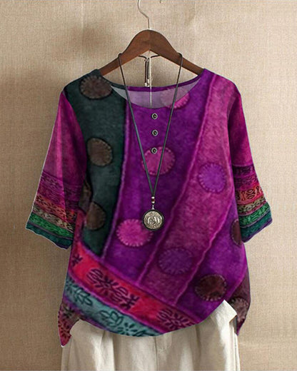 Blouse Femme Bohème – Coupe Ample – Fibres Naturelles – Manches 3/4 – Boutonnée