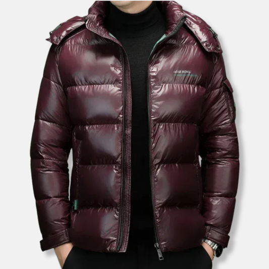 Men's Puffer Jacket - Synthetic Fabric - Regular Fit - Stand-Up Collar - Zipped Closure