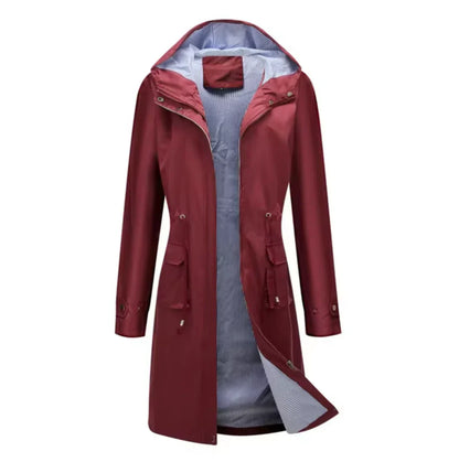 Women's long jacket – relaxed fit – water-repellent – adjustable waist – hood