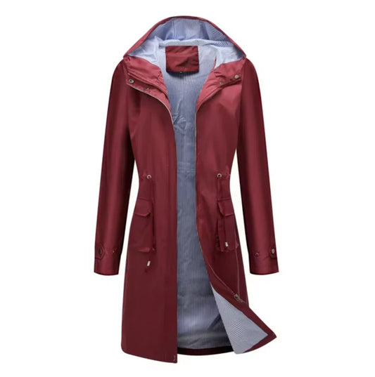 Women's long jacket – relaxed fit – water-repellent – adjustable waist – hood