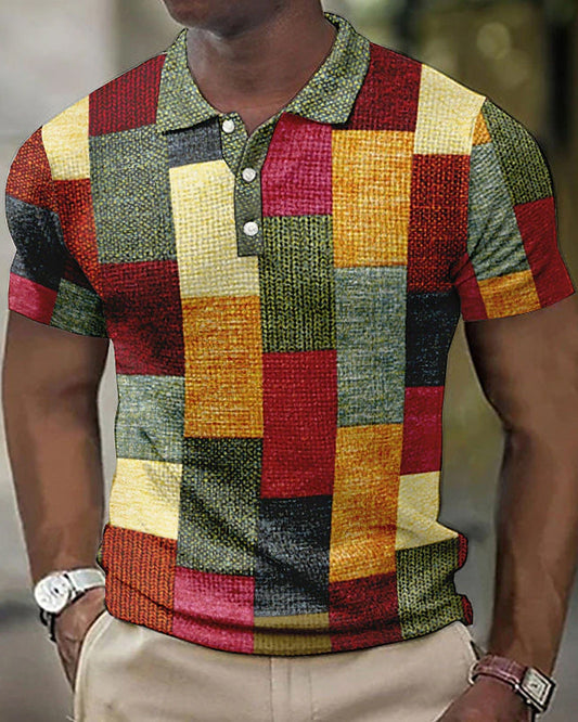 Men's polo – Slim fit – Soft knit – Patchwork pattern – Buttoned placket
