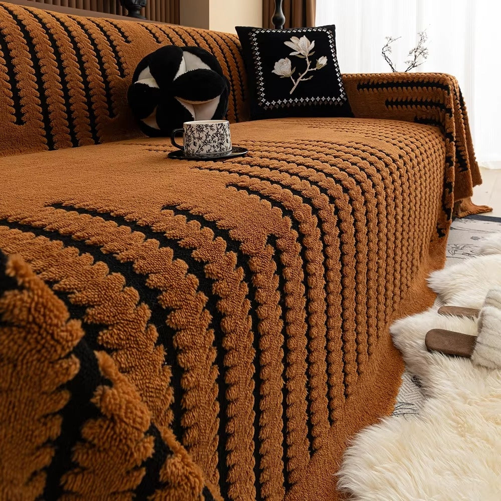 Tufted Chenille Tassel-Trim Sofa Cover