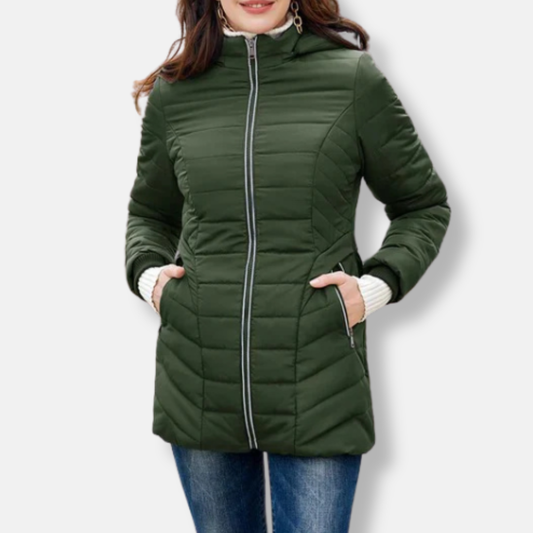 Women's Coat - Woven Fabric - Slim Fit - Mid-Thigh Length - Hooded Collar - Ribbed Cuffs