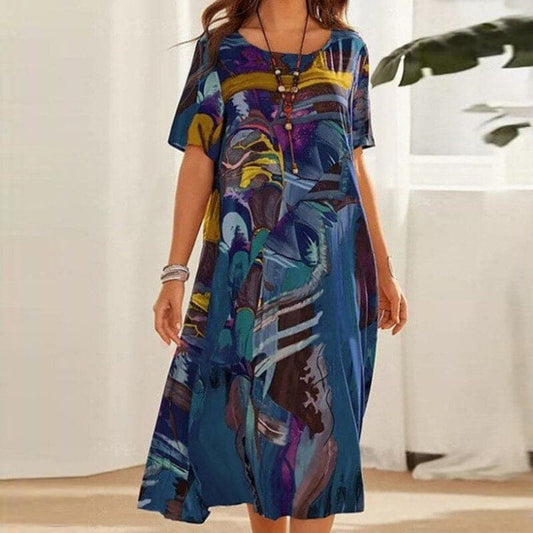 Women's midi dress – Loose fit – Breathable fabric – Short sleeves – Abstract print