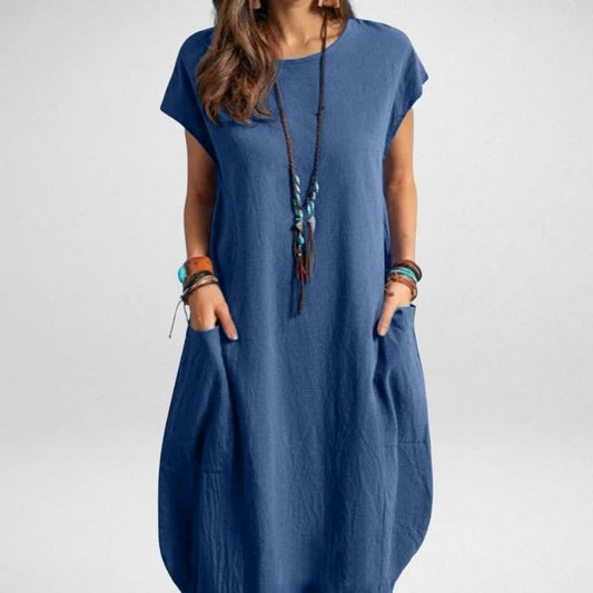 Women's long dress – Loose fit – Breathable fabric – Short sleeves with pockets
