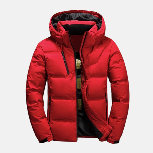 Men's Puffer Jacket - Synthetic Fabric - Stand-up Collar Hood - Waist Length