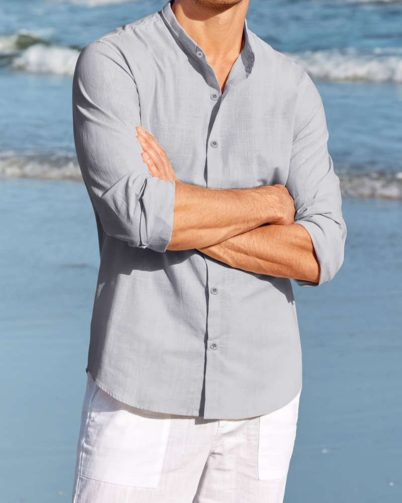 Men's shirt – Relaxed fit – Breathable fabric – Mandarin collar – Long sleeves