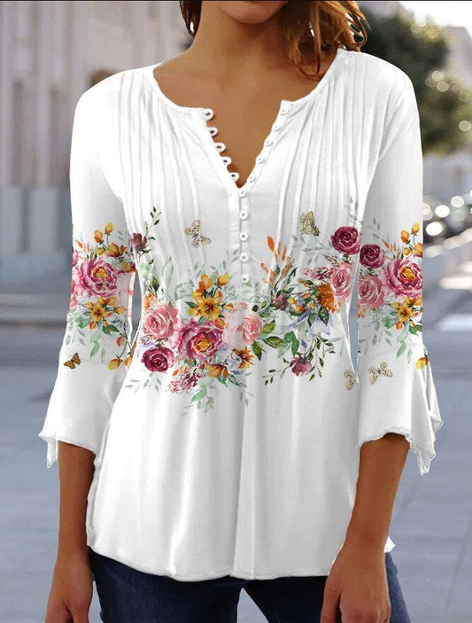 Haut femme – Coupe décontractée – Imprimé fleuri – Manches 3/4 – Tissu respirant