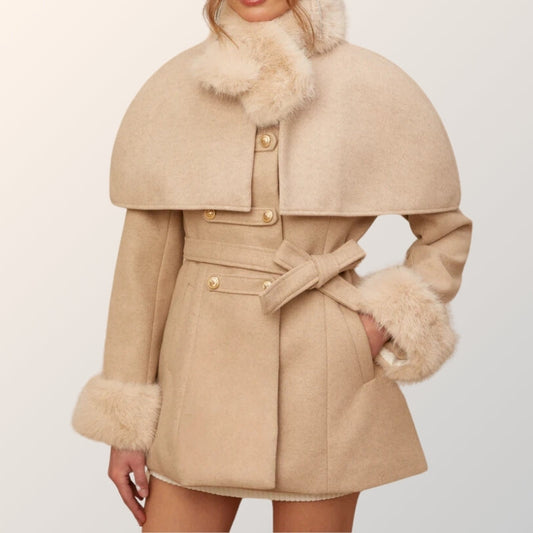 Ginevra A-Line Cape Coat | Belted Waist Fur Trim Cape Coat