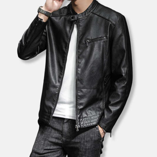 Men's biker jacket – Slim fitted cut – Stand collar – Zipped closure – Casual style