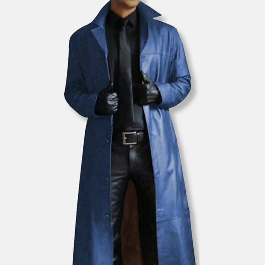 Men's long coat – Fitted cut – Smooth leather feel – Wide dress collar