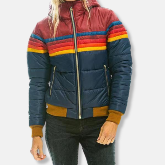 Women's Puffer Jacket - Slim Fit - Stand Collar - Hip Length - Zip-Up Closure