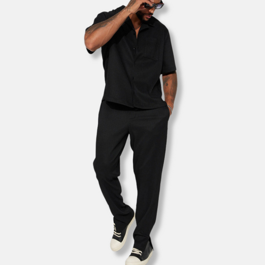 Men's casual set – Loose fit – Short-sleeve collared shirt – Long pants – Breathable fabric