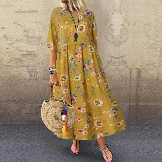 Women's long dress – Flowing cut – Floral pattern – Short sleeves – Breathable fabric