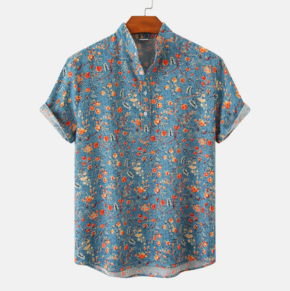 Men's short-sleeve shirt – Relaxed fit – Mao collar – Floral print – Breathable fabric