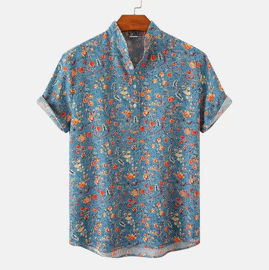 Men's short-sleeve shirt – Relaxed fit – Mao collar – Floral print – Breathable fabric