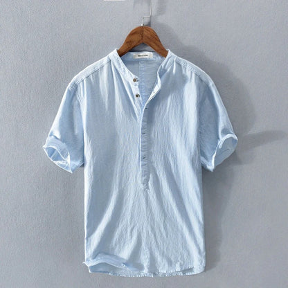 Men's short-sleeve shirt – Relaxed fit – Mao collar – Breathable natural fibers