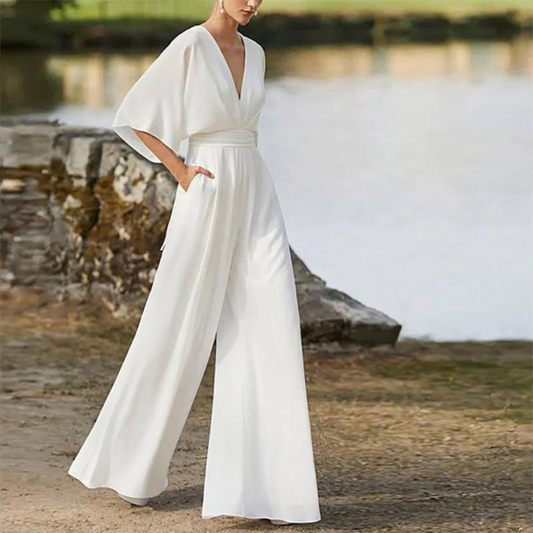 Jumpsuit woman – V-neck – Loose fit – Mid-length sleeves – Wide legs