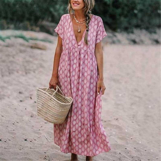 Women's long dress – Flowing cut – Natural fabric – Short sleeves – V-neck