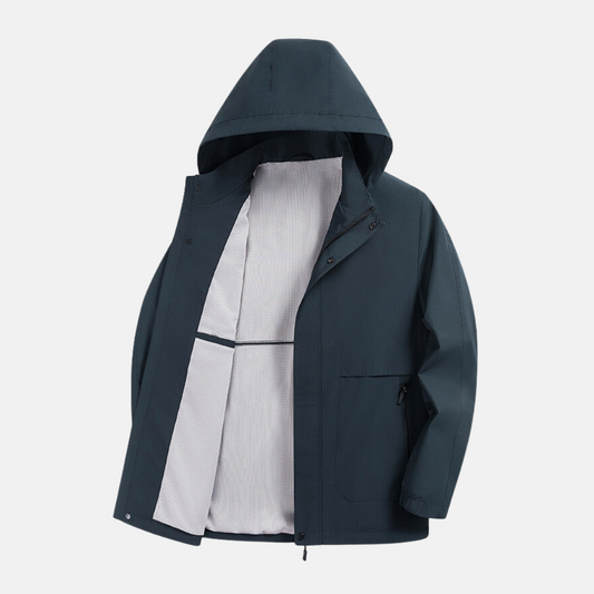 Men's hooded jacket – Straight cut – Durable fabric – Zip and button closure – Patch pockets