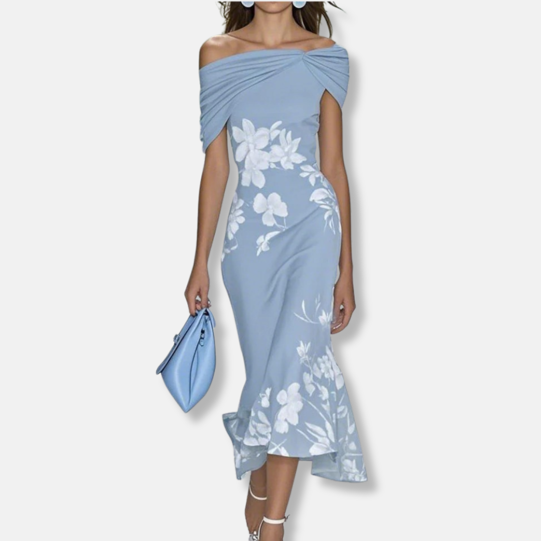 Mia Fitted Midi Dress | Off-The-Shoulder Floral Midi Dress