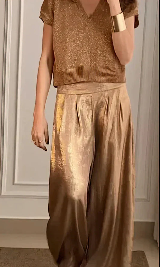 Pantalon femme – Coupe large fluide – Taille haute – Tissu effet satin élégant