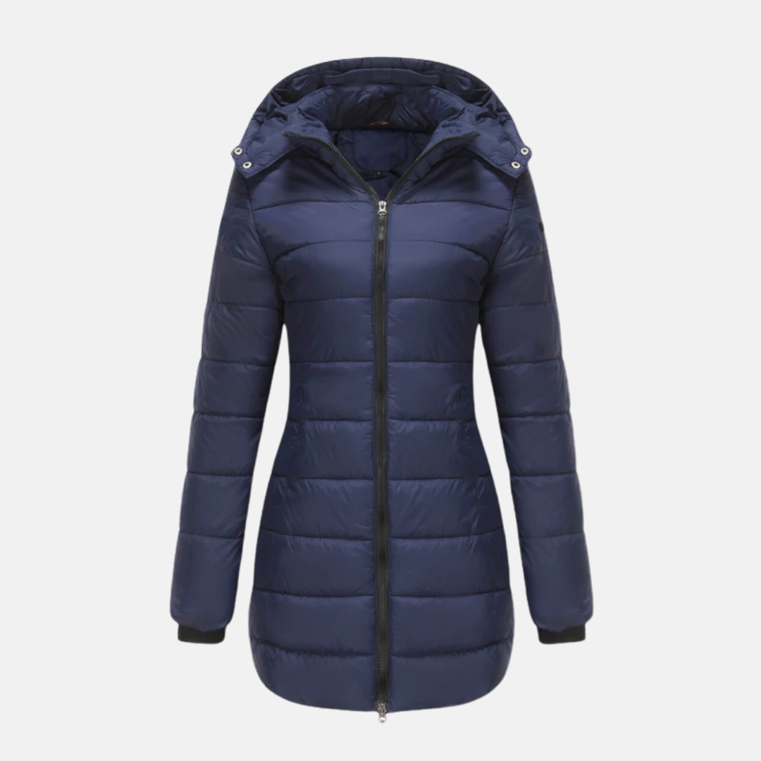 Women's Quilted Coat - Woven Fabric - Straight Cut - Mid-thigh Length - Attached Hood